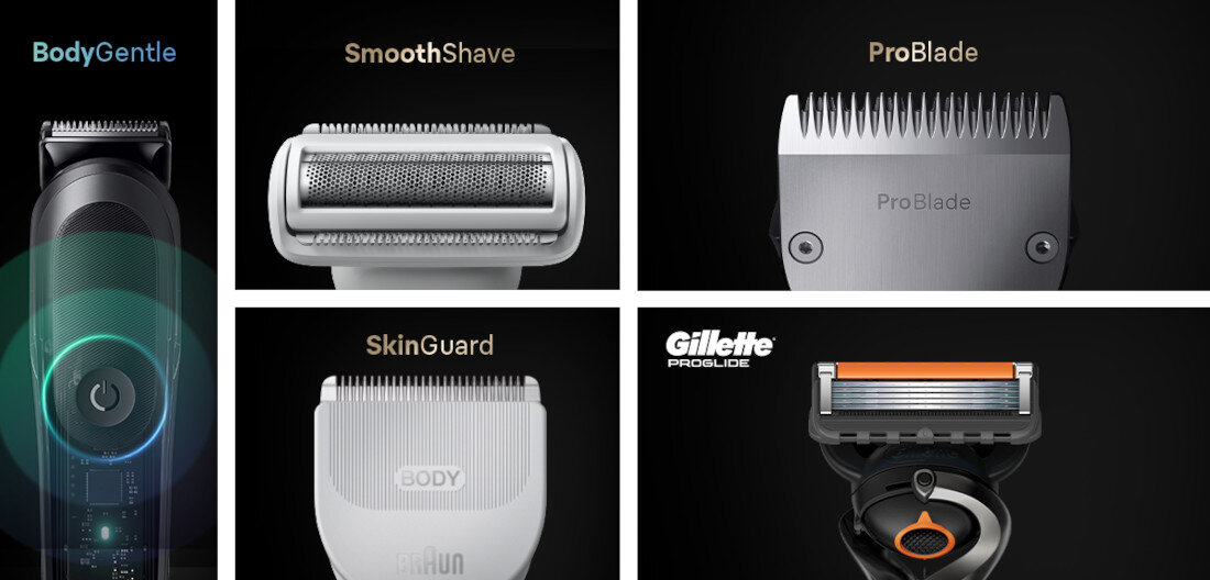 Obraz przedstawia pięć różnych końcówek do golenia i trymerów, każda z podpisem: BodyGentle, SmoothShave, ProBlade, SkinGuard, Gillette ProGlide. Każda końcówka ma inny kształt i funkcję, a tło jest ciemne.