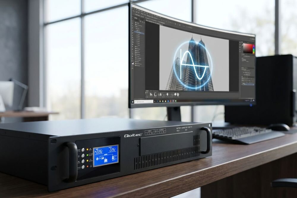 Na biurku znajduje się zasilacz UPS marki Qoltec z wyświetlaczem pokazującym wartości 226V i 50Hz. W tle widoczny jest monitor z otwartym programem graficznym, na którym wyświetlany jest obraz wieżowca z nałożoną grafiką fali sinusoidalnej.