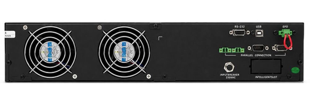 Tył zasilacza UPS z dwoma wentylatorami, portami RS-232, USB, EPO oraz złączami do połączeń równoległych. Widoczne są napisy: \'INPUT BREAKER 20A/AC\' i \'INTELLIGENT SLOT\'.