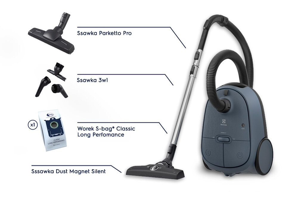 Obraz przedstawia odkurzacz ELECTROLUX seria 600 EB61C4DB z różnymi akcesoriami: Ssawka Parketto Pro, Ssawka 3w1, Worek S-bag® Classic Long Performance oraz Ssawka Dust Magnet Silent.