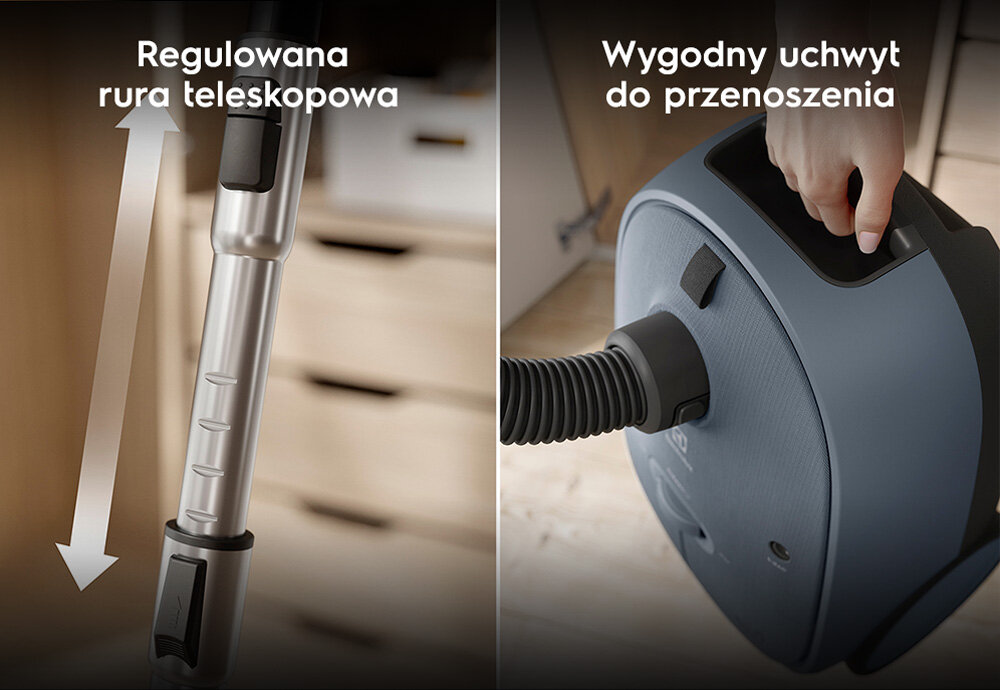 Obraz przedstawia regulowaną rurę teleskopową z tekstem \'Regulowana rura teleskopowa\' oraz odkurzacz z uchwytem do przenoszenia i tekstem \'Wygodny uchwyt do przenoszenia\'.