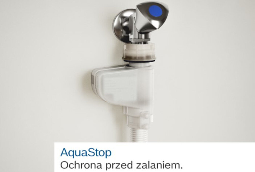 Na obrazie widoczny jest zawór z systemem AquaStop, który jest częścią instalacji wodnej. Pod spodem znajduje się tekst: \'AquaStop Ochrona przed zalaniem.\'
