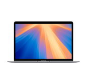 Laptop z wyświetlaczem pokazującym kolorowy gradient w odcieniach pomarańczowego i niebieskiego. Obudowa jest smukła, a ekran zajmuje większość powierzchni.