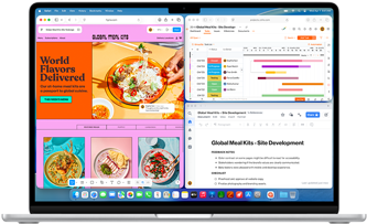 Laptop z otwartym ekranem, na którym widoczne są różne aplikacje, w tym przeglądarka internetowa z kolorową stroną, arkusz kalkulacyjny z wykresami oraz dokument tekstowy. Na dolnym pasku ekranu znajdują się ikony aplikacji.