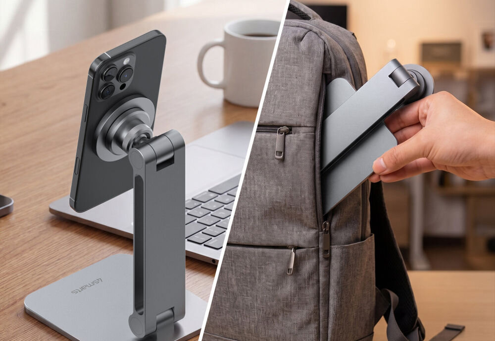 Obraz przedstawia szary stojak na telefon 4SMARTS ErgoPro Desk Stand, na którym umieszczony jest telefon. Obok widoczna jest ręka wkładająca stojak do bocznej kieszeni plecaka.