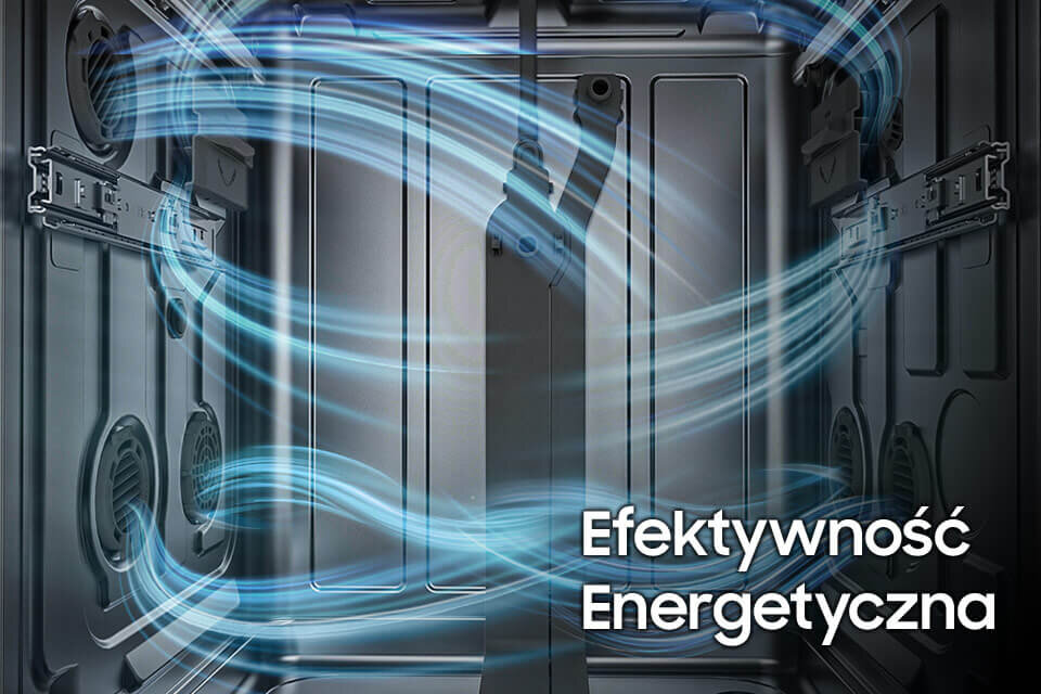 efektywniejsze suszenie naczyń Wnętrze zmywarki z widocznymi niebieskimi liniami symbolizującymi przepływ powietrza. Na obrazie znajduje się tekst: \'Efektywność Energetyczna\'.