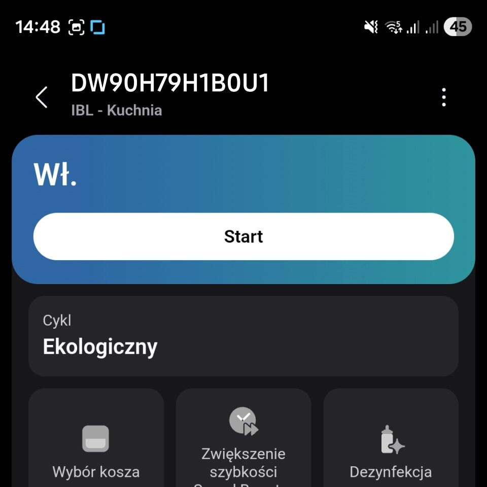 Aktywowanie cyklu w aplikacji Interfejs aplikacji z widocznym modelem DW90H79H1B0U1 i opcją \'Start\'. Cykl ustawiony na \'Ekologiczny\'.