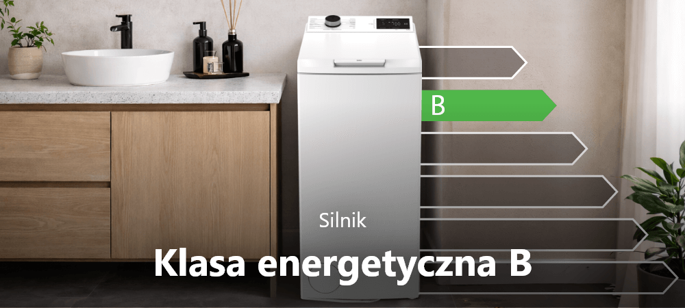 PRALKA BEKO TB622ECWPL Pralka Beko pokazana jest w aranżacji łazienki z dużym napisem „Klasa energetyczna B”. Strzałki graficzne wskazują poziom efektywności energetycznej oszczędność  energii efektywność niskie  zużycie