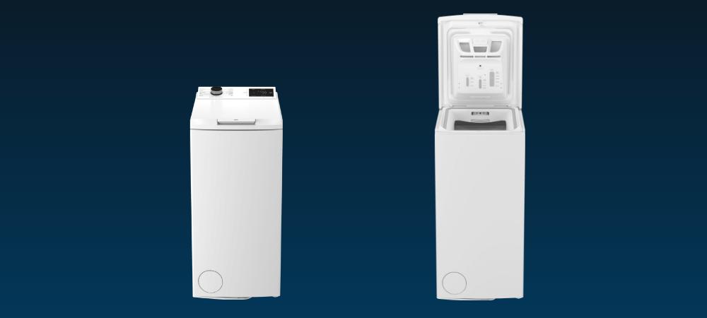 PRALKA BEKO TB622ECWPL Dwa ujęcia pralki pokazują urządzenie z zamkniętą i otwartą pokrywą. Widoczny jest dostęp do bębna od góry wyświetlacz Soft  Opening Drum Up 1200 obr