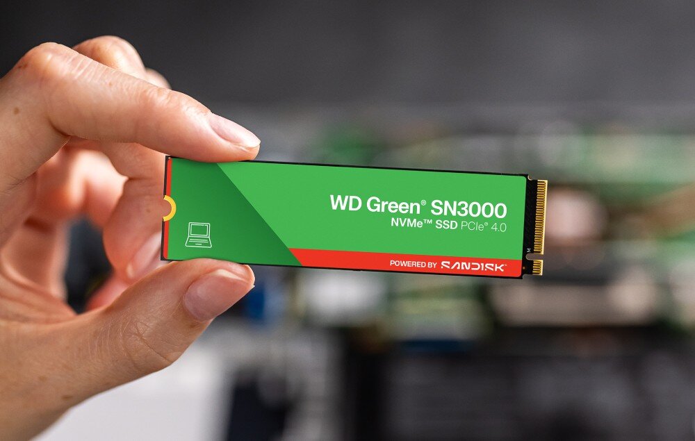 Osoba trzyma dysk SSD z napisem \'WD Green SN3000 NVMe SSD PCIe 4.0\' oraz logo \'Powered by SANDISK\'.