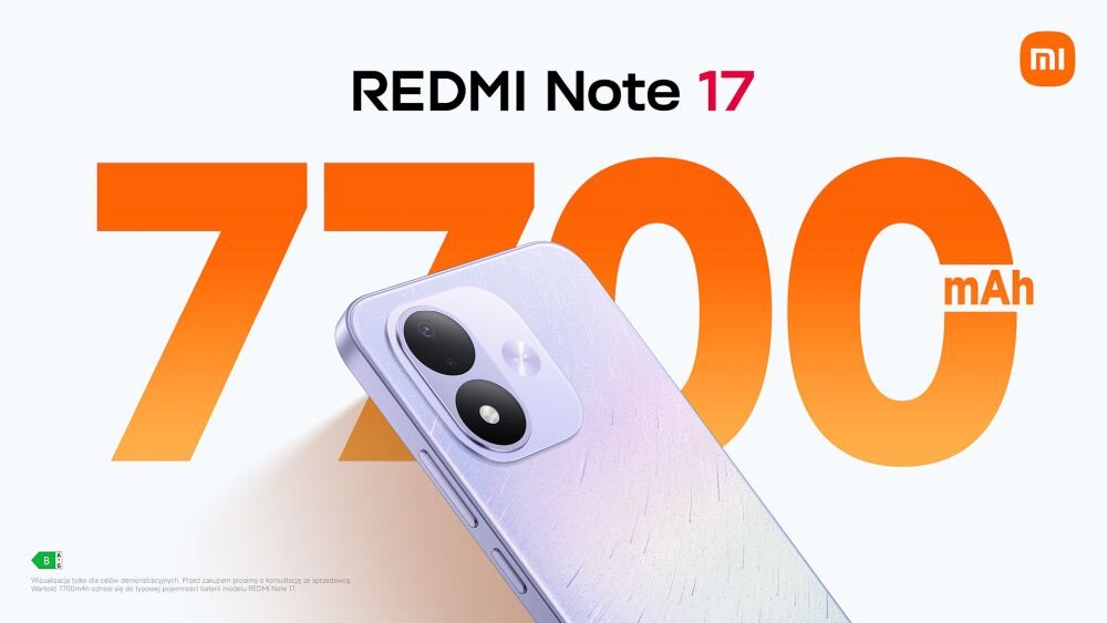 XIAOMI Redmi Note 17 bateria 7700 mAh szybkie ładowanie 45 W ładowanie zwrotne 22,5 W