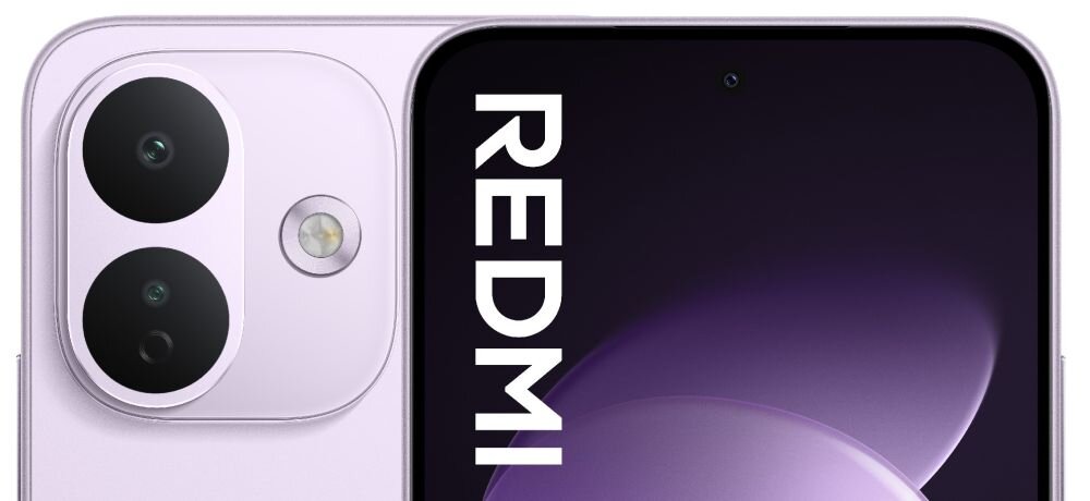 Zbliżenie na fioletowy smartfon z dwoma obiektywami aparatu i napisem \'REDMI\' na ekranie.