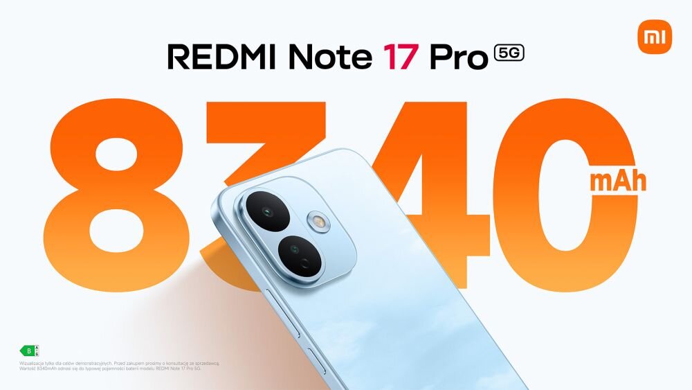 Obraz przedstawia smartfon z dwoma dużymi aparatami na jasnym tle. Widoczny jest tekst: \'REDMI Note 17 Pro 5G 8340 mAh\'.