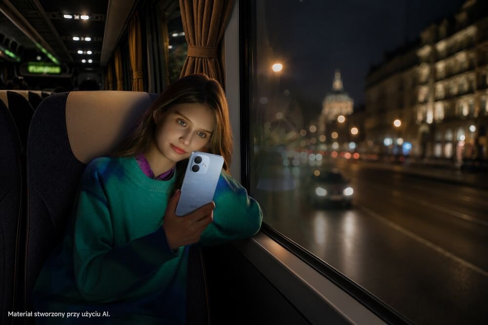 Osoba siedzi w autobusie, trzymając smartfon, patrząc przez okno na nocne miasto. W rogu obrazu widoczny jest tekst: \'Materiał stworzony przy użyciu AI.\'