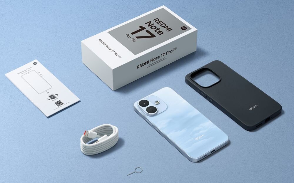 Na obrazie znajduje się smartfon z dwoma aparatami, obok niego leży czarny futerał, kabel USB, narzędzie do wyjmowania karty SIM oraz pudełko z napisem \'REDMI Note 17 Pro 5G\'.