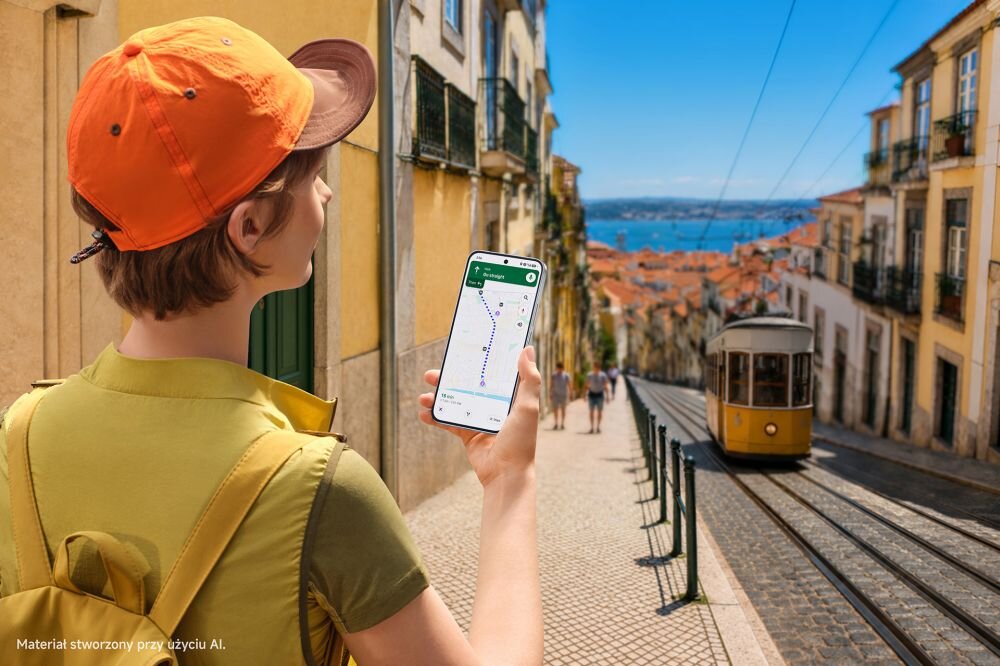 Osoba w pomarańczowej czapce trzyma smartfon z widoczną mapą na ekranie, stojąc na ulicy z torami tramwajowymi i widokiem na miasto oraz morze. W lewym dolnym rogu widoczny jest napis: \'Materiał stworzony przy użyciu AI.\'
