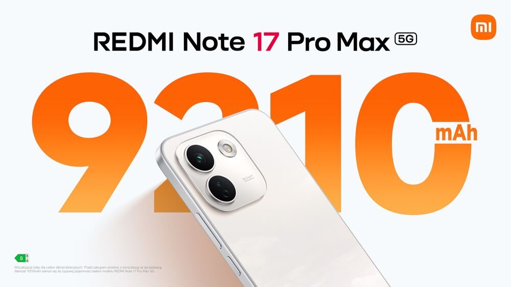 Obraz przedstawia smartfon z dwoma dużymi aparatami na białej obudowie. Na tle widoczny jest napis \'REDMI Note 17 Pro Max 5G\' oraz liczba \'9210 mAh\'.