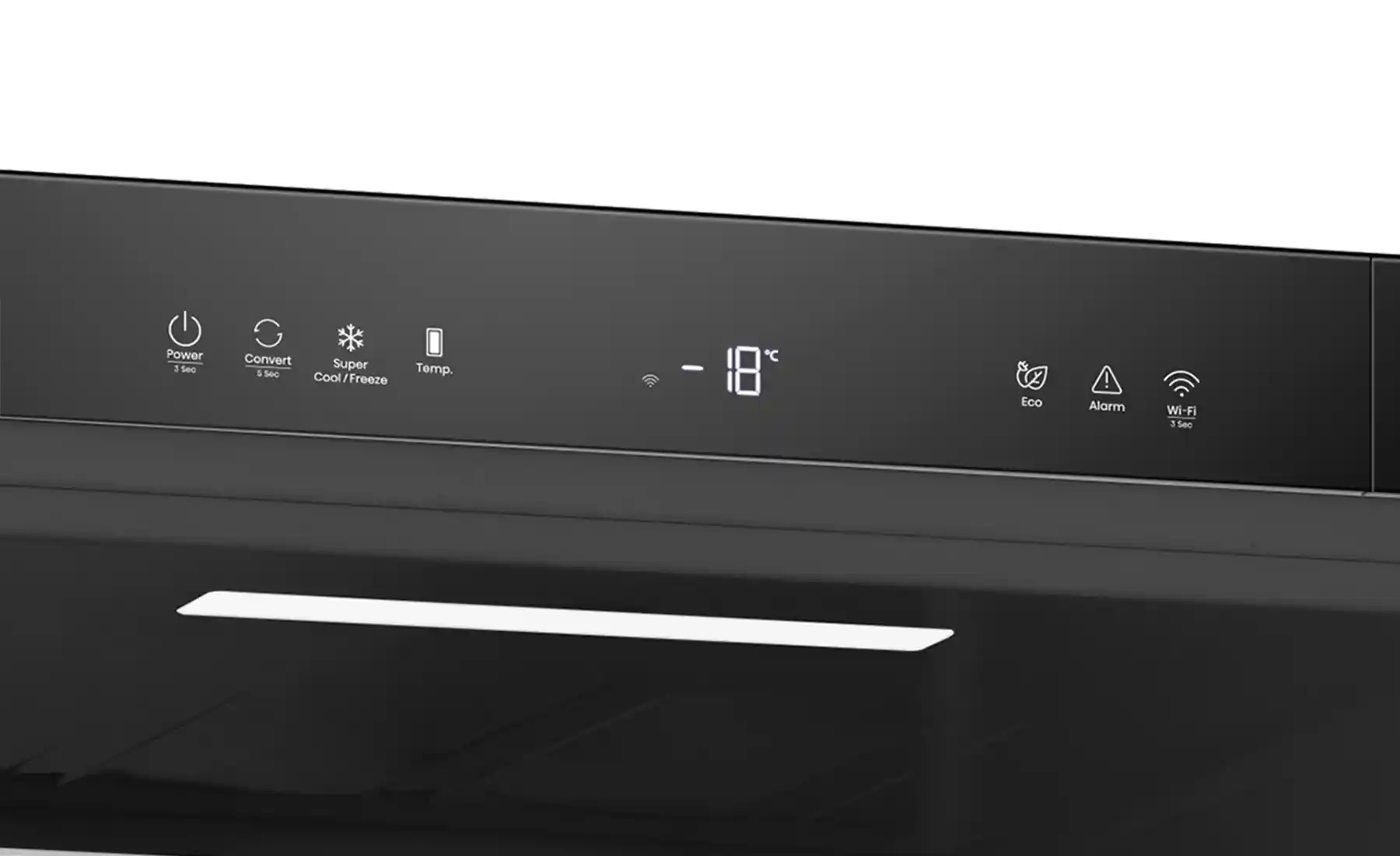 Panel sterowania zamrażarki z wyświetlaczem pokazującym temperaturę -18°C oraz ikonami: Power, Convert, Super Cool/Freeze, Temp., Eco, Alarm, Wi-Fi. Panel jest czarny z białymi symbolami i tekstem.