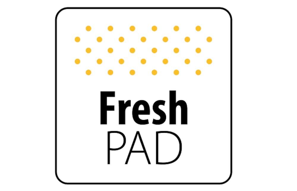 Obrazek przedstawia kwadratowy znak z napisem \'Fresh PAD\' oraz żółtymi kropkami u góry.