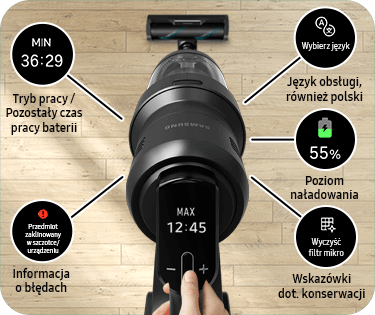Odkurzacz z wyświetlaczem pokazującym czas pracy 36:29 minut i poziom naładowania 55%. Na obrazie znajdują się także informacje o wyborze języka, wskazówki dotyczące konserwacji oraz informacje o błędach.