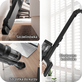 Obraz przedstawia trzy zdjęcia odkurzacza z różnymi końcówkami: szczelinówka, szczotka do kurzu i elastyczna końcówka. Każda końcówka jest używana w różnych sytuacjach, takich jak czyszczenie szczelin, powierzchni biurka i trudno dostępnych miejsc.