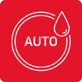 Czerwony kwadratowy symbol z białym napisem \'AUTO\' oraz ikoną kropli wody. Symbol sugeruje funkcję automatycznego dostosowania wody.