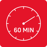 Grafika przedstawia biały zegar na czerwonym tle z napisem \'60 MIN\'.