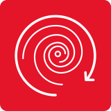 Czerwone tło z białą spiralą i strzałką skierowaną w dół po prawej stronie spirali.