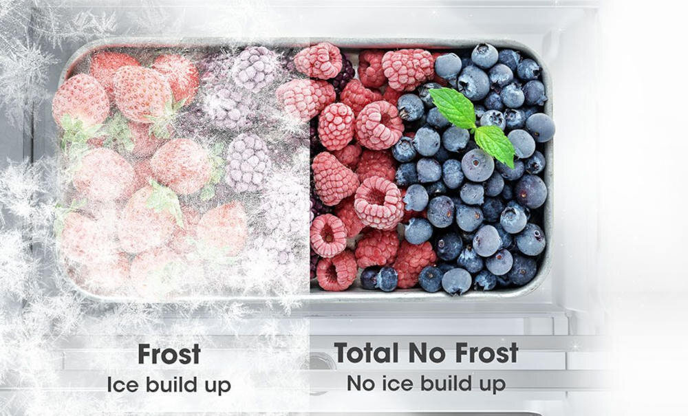 Obraz przedstawia dwie sekcje zamrażarki z owocami: po lewej stronie z lodem, po prawej bez lodu. Tekst na dole brzmi: \'Frost Ice build up\' oraz \'Total No Frost No ice build up\'.