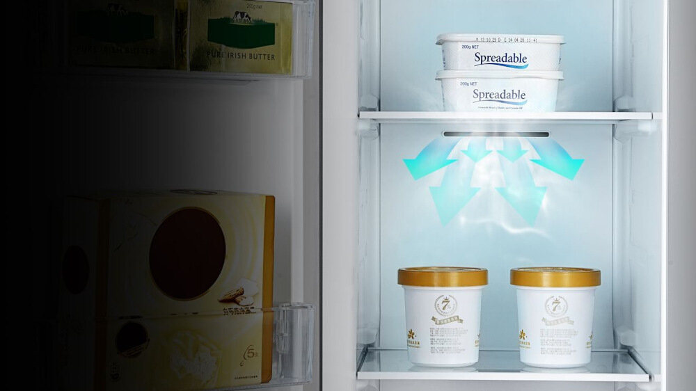 Wnętrze lodówki z widocznymi pojemnikami na masło \'Spreadable\' oraz dwoma pojemnikami z lodami na dolnej półce. Widać również niebieskie strzałki wskazujące na przepływ powietrza wewnątrz lodówki.