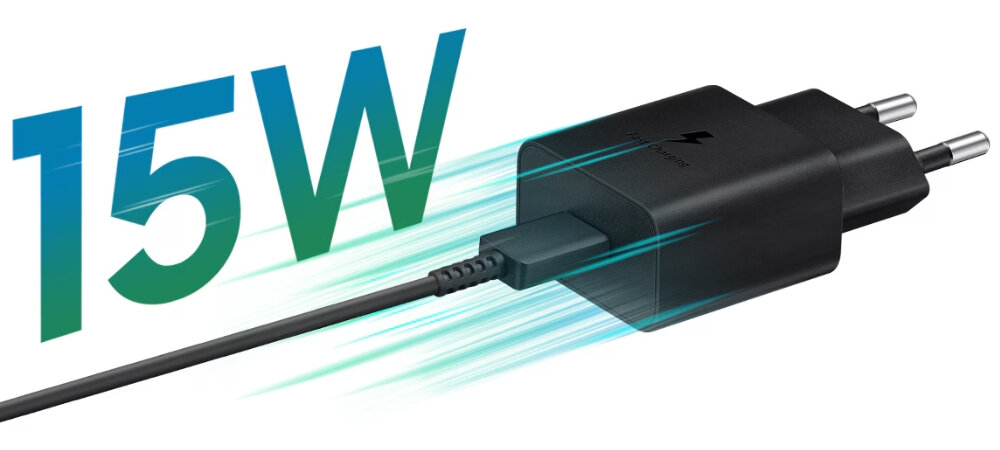 Czarna ładowarka sieciowa z wtyczką USB-C, obok której widoczny jest napis \'15W\'.