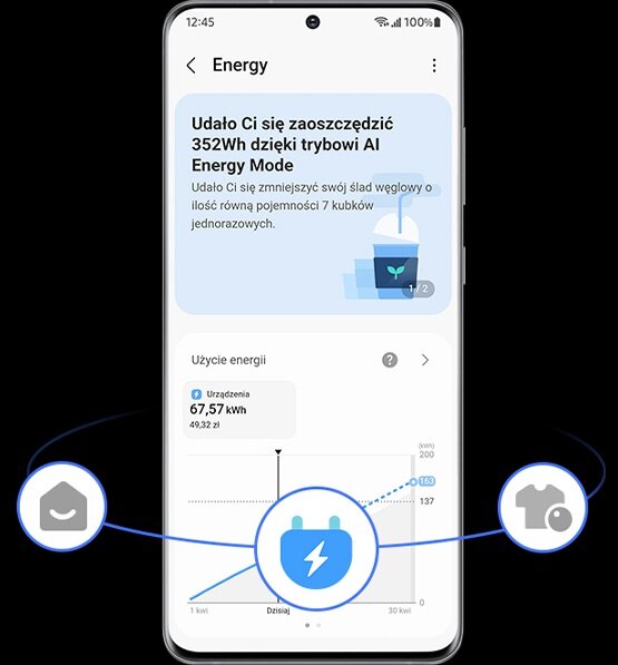 Na ekranie smartfona widoczna jest aplikacja pokazująca oszczędność energii w trybie AI Energy Mode, z informacją o zaoszczędzeniu 352Wh. Poniżej znajduje się wykres zużycia energii z wartością 67,57 kWh oraz ikonami symbolizującymi różne funkcje.