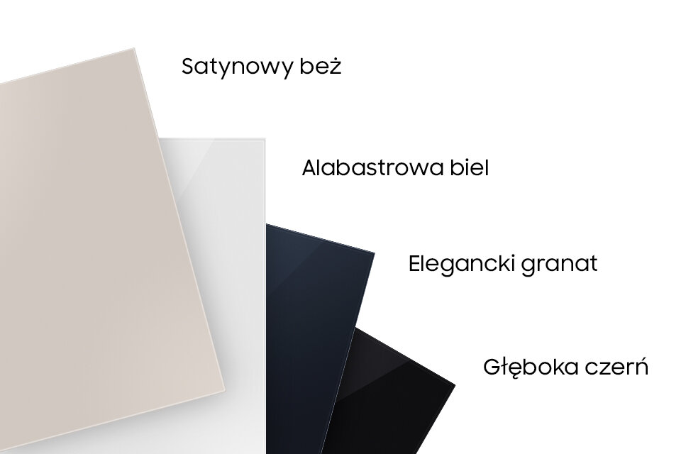 Obraz przedstawia cztery próbki kolorów: satynowy beż, alabastrową biel, elegancki granat i głęboką czerń.