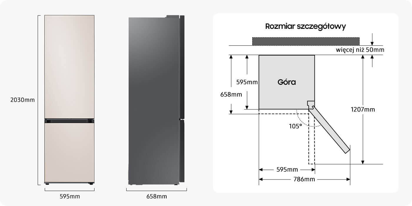 Rysunek techniczny pokazuje, ile miejsca potrzebujesz na lodówkę Samsung Bespoke RB38C7B5D39 Obraz przedstawia lodówkę w dwóch kolorach: satynowy beż i ciemny szary, z wymiarami 2030mm wysokości i 595mm szerokości. Po prawej stronie znajduje się schemat z wymiarami szczegółowymi, oznaczający m.in. wysokość 658mm i głębokość 786mm z otwartymi drzwiami pod kątem 105 stopni.