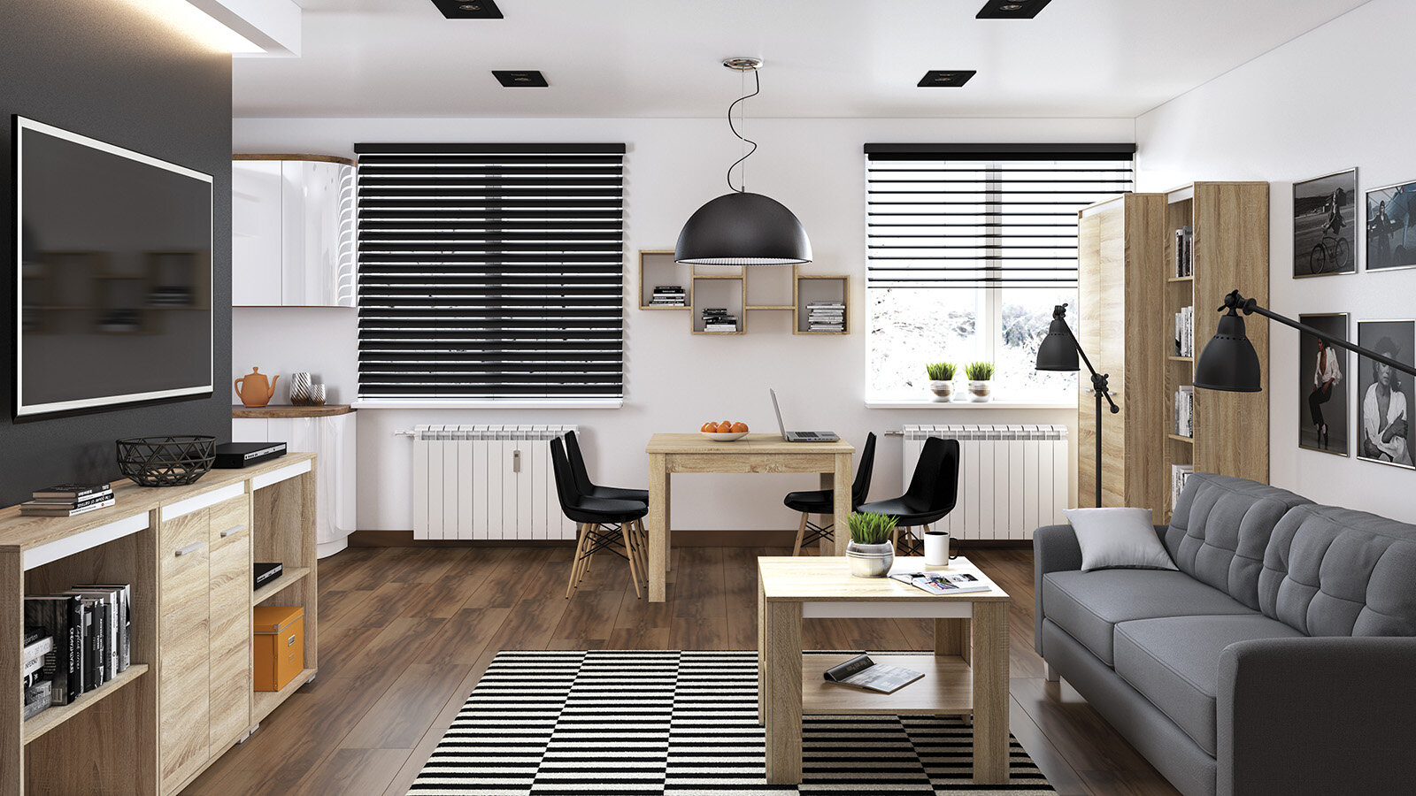 Nowoczesny salon z drewnianymi meblami, w tym witryną, stołem i półkami, oraz szarą sofą. Na podłodze znajduje się czarno-biały dywan w paski, a na ścianie wisi duży telewizor.