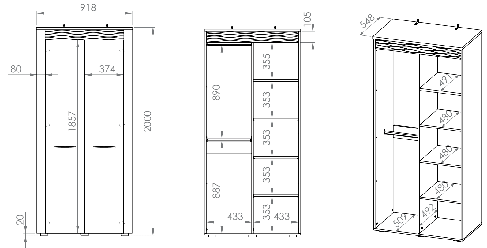 Rysunek techniczny szafy dwudrzwiowej z drążkami i półkami, o wymiarach 90x200 cm. Widoczne są szczegółowe wymiary poszczególnych elementów, takie jak wysokość, szerokość i głębokość półek oraz drążków.