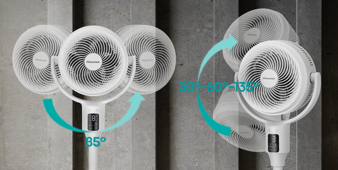 Na obrazie widoczny jest biały wentylator z logo Hisense, który ma możliwość regulacji kąta nachylenia w zakresie 85° oraz 30°-60°-135°. Na panelu sterowania znajduje się wyświetlacz cyfrowy.