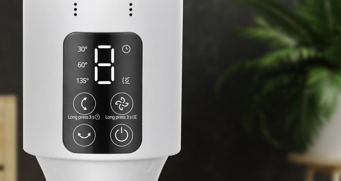 Panel sterowania z wyświetlaczem cyfrowym pokazującym cyfrę 8 oraz przyciskami oznaczonymi symbolami i tekstem: \'30°\', \'60°\', \'135°\', \'Long press 3S\', \'Long press 3S\'.