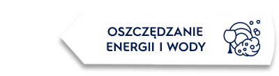 Grafika przedstawia biały prostokąt z tekstem \'OSZCZĘDZANIE ENERGII I WODY\' oraz ikoną naczyń z bąbelkami po prawej stronie.