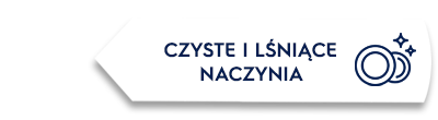 Grafika przedstawia biały prostokąt z tekstem \'CZYSTE I LŚNIĄCE NACZYNIA\' oraz ikoną dwóch talerzy z gwiazdkami po prawej stronie.