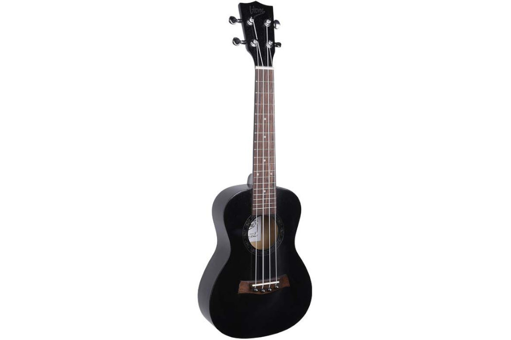 Czarne ukulele z czterema strunami i drewnianym mostkiem. Na główce instrumentu widoczne jest logo producenta.