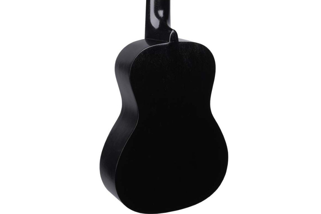 Czarne ukulele z widocznym tyłem korpusu i gryfu, o gładkiej powierzchni.