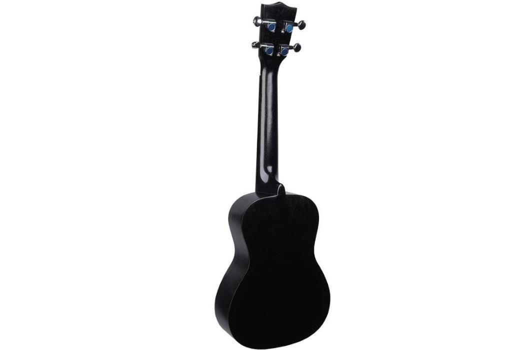 Czarne ukulele koncertowe widziane od tyłu, z widocznym gryfem i główką z kluczami do strojenia.
