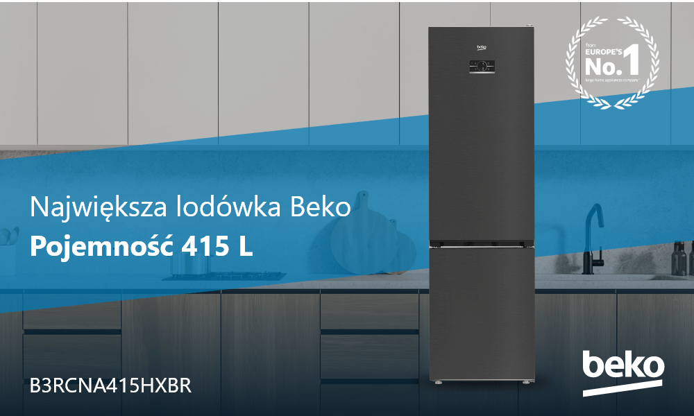 LODÓWKA BEKO B3RCNA415HXBR Na zdjęciu znajduje się lodówka Beko na tle nowoczesnej kuchni, z dużym napisem „Pojemność 415 L”. Obraz promuje ją jako największy model Beko o tej pojemności.