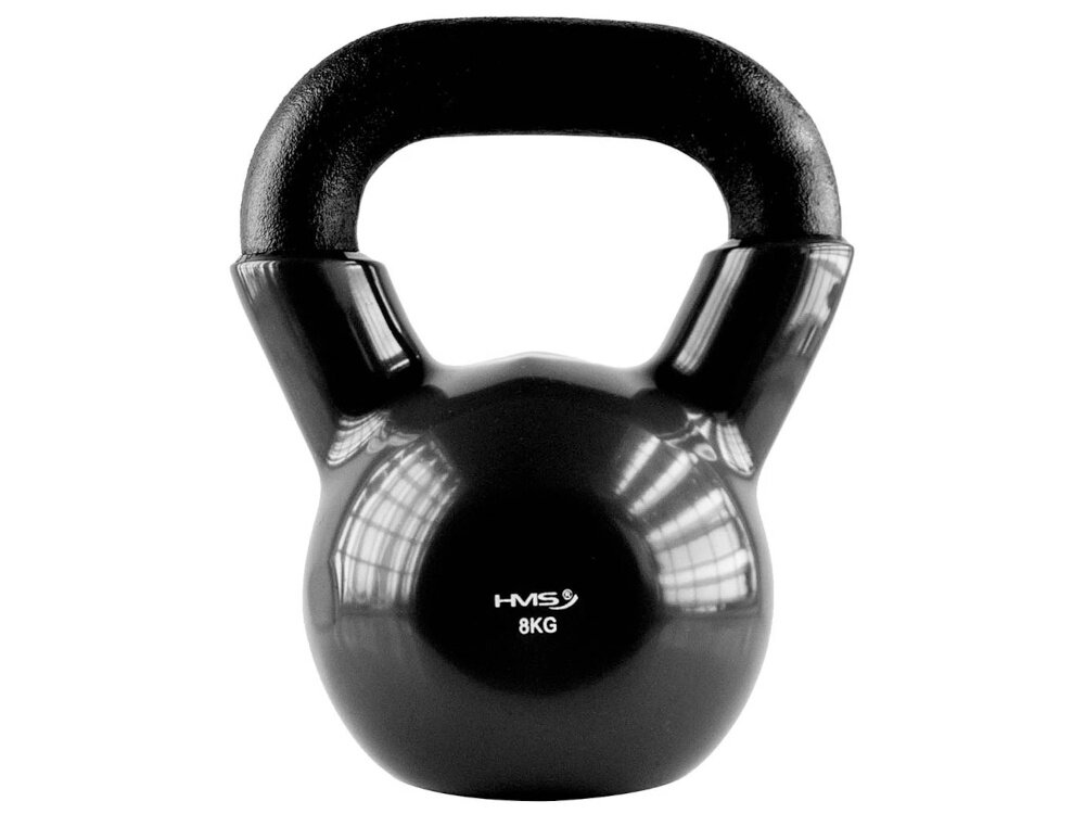 Czarny kettlebell z logo \'HMS\' i oznaczeniem \'8KG\' na przedniej części. Powierzchnia jest błyszcząca, odbijająca światło.