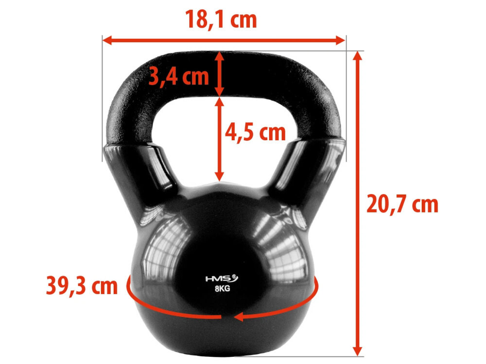 Czarny kettlebell z logo \'HMS 8KG\' z widocznymi wymiarami: 18,1 cm, 3,4 cm, 4,5 cm, 20,7 cm i 39,3 cm.