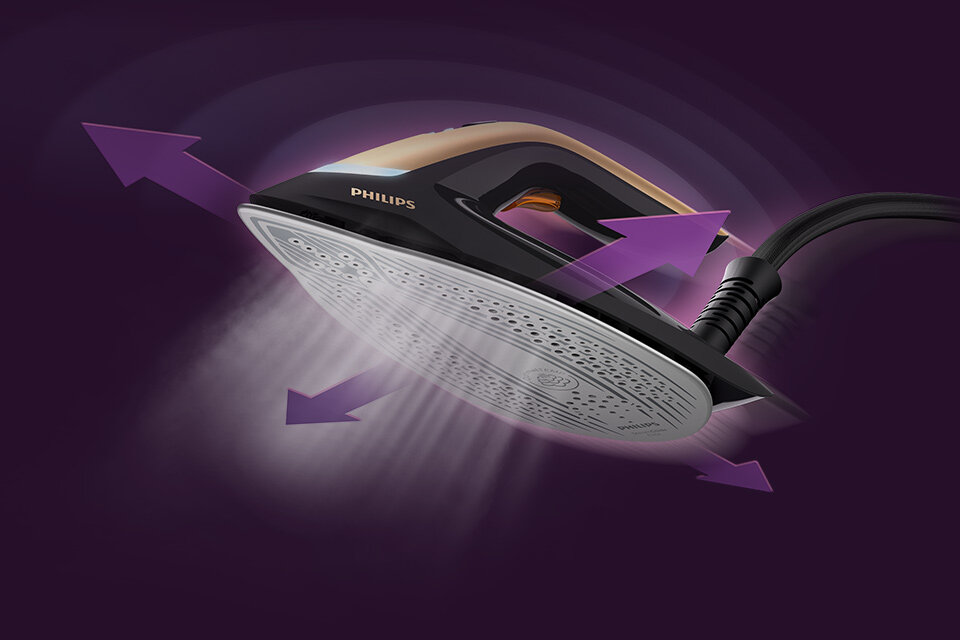 Obraz przedstawia żelazko z widoczną stopą, z której wydobywa się para. Na obudowie widoczne jest logo \'PHILIPS\'.