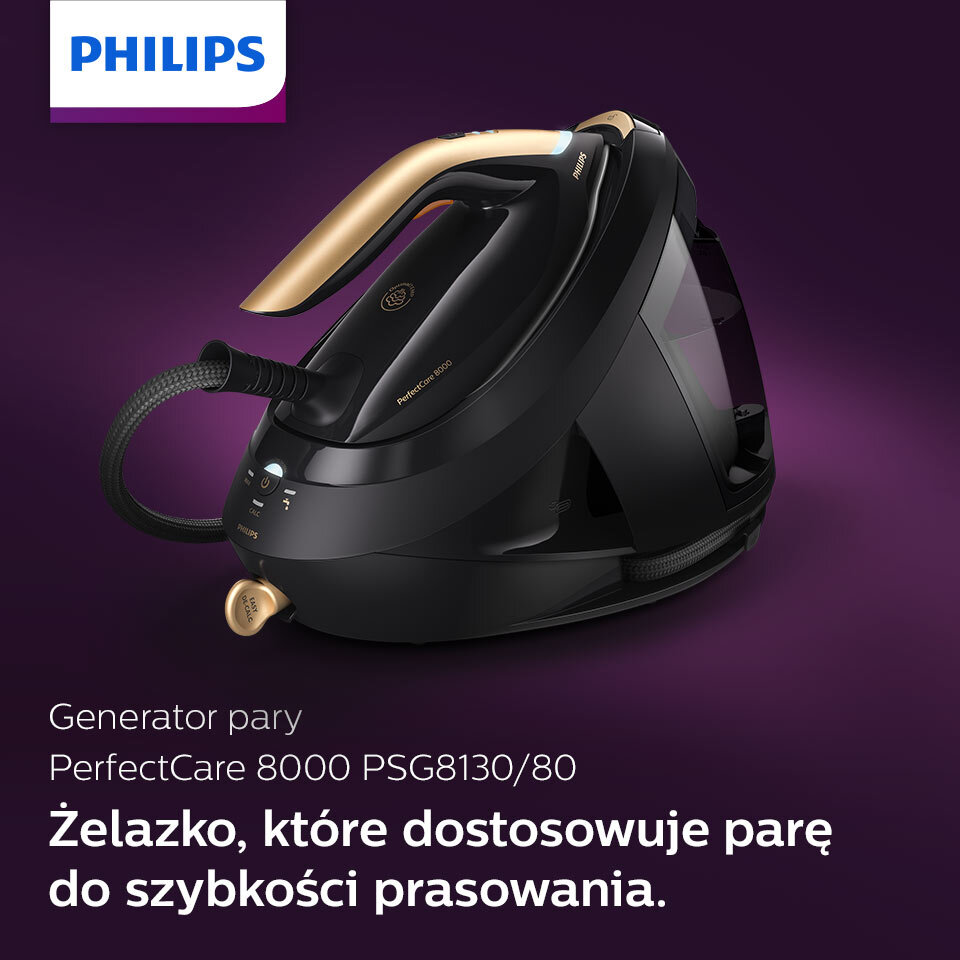 Na obrazie widoczny jest generator pary w kolorze czarnym z elementami złotymi, z logo PHILIPS w lewym górnym rogu. Tekst na obrazie: \'Generator pary PerfectCare 8000 PSG8130/80 Żelazko, które dostosowuje parę do szybkości prasowania.\'