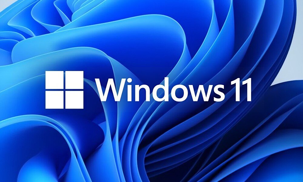Obraz przedstawia logo Windows 11 na tle niebieskich, falujących kształtów.