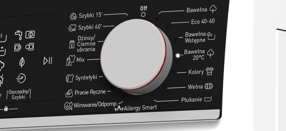Panel sterowania pralki z pokrętłem wyboru programów, na którym widoczne są opcje takie jak: Szybki 15\', Szybki 60\', Dżinsy/Ciemne ubrania, Mix, Syntetyki, Pranie Ręczne, Wirowanie/Odpomp., Bawełna, Eco 40-60, Bawełna Wstępne, Bawełna 20°C, Kolory, Wełna, Płukanie oraz funkcja Allergy Smart.
